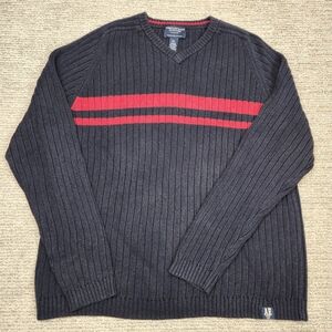 American Eagle Y2K V-Neck Ribbed Sweater Mens XXL Navy Red Stripe Cotton Wool